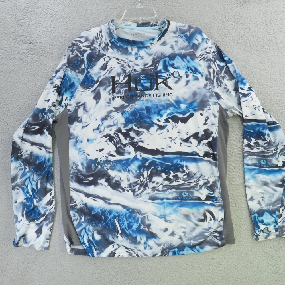 Huk Shirt Men Large Blue Black Camo Long Sleeve Fishing Hunting Mossy Oak